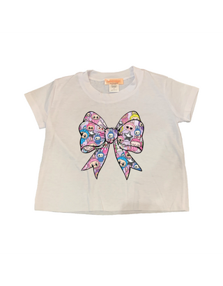 White Short Sleeved Jersey Tee Doll Bow Print