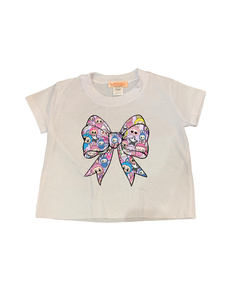 White Short Sleeved Jersey Tee Doll Bow Print
