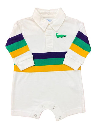 White Mardi Gras Knit Rugby Polo Long Sleeve Shortall