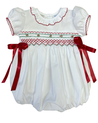 Lulu Bebe White Embroidered Rosie Smocked Waist Bubble with Ribbon
