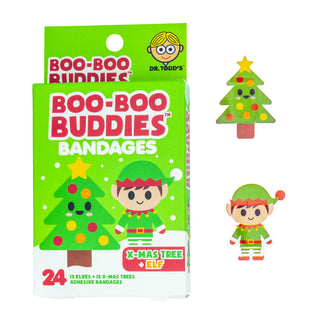 Boo-Boo Buddies bandages packaging with Christmas tree and elf design on a white background