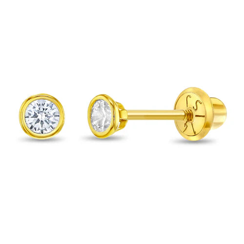 14K Gold Tiny Bezel Set CZ Solitaire 4mm Screw Back Earrings