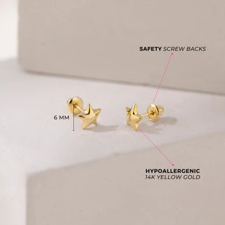 14K Gold Mini Puffed Star Screw Back Earrings