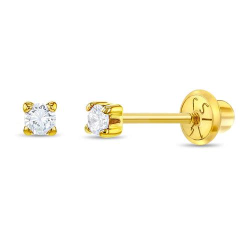 14K Gold 3mm 4-Prong CZ Solitaire Screw Back Earrings