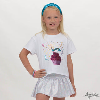 Azarhia Cupcake Birthday Sequin on White Boxy Gold Shimmer Trim Tee