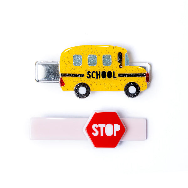 Acrylic Hair Clips - Bus & Stop Sign