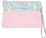 Pink Faux Fur Wristlet w/ Iridescent Trim