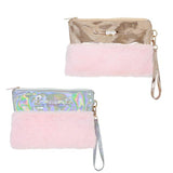 Pink Faux Fur Wristlet w/ Iridescent Trim