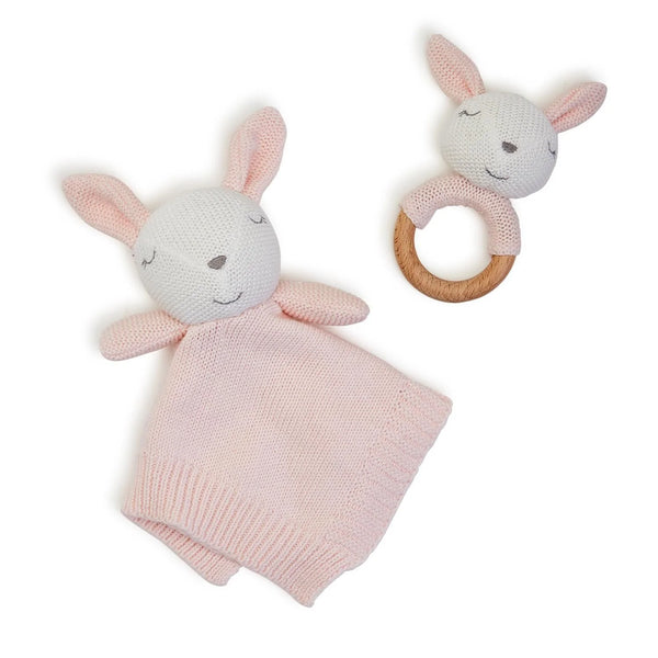 Knitted Baby Bunny Snuggle & Rattle Set