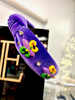 Velveteen Knotted Headband - Mardi Gras Fleur De Lis