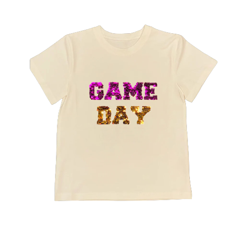 Adult White S/S GAMEDAY Tee w/ Purple & Gold Reversible Sequin