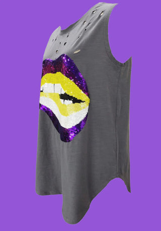 Adult Distressed Purple/Gold Lips Sequin Tank