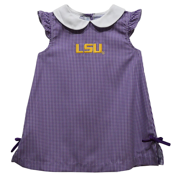 LSU Tigers Embroidered Purple Gingham A-Line Dress