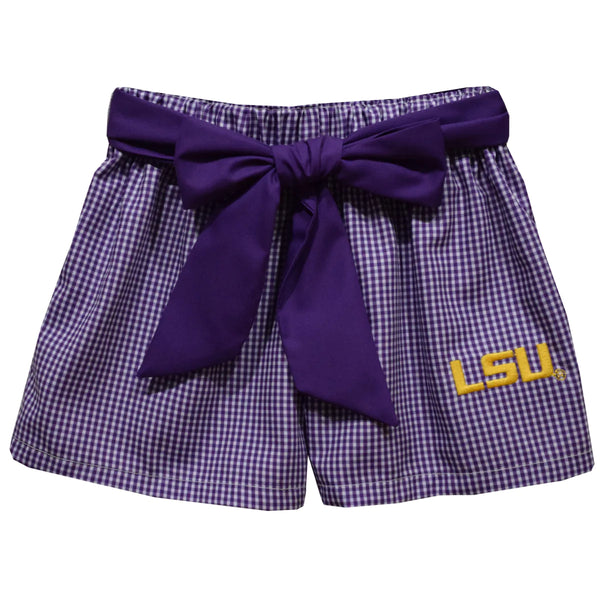 LSU Tigers Embroidered Purple Gingham Girls Shorts With Sash
