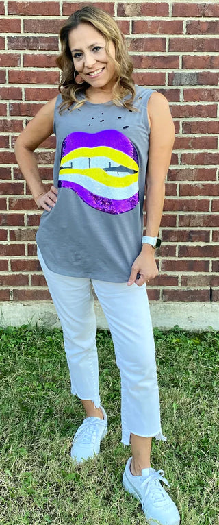 Adult Distressed Purple/Gold Lips Sequin Tank