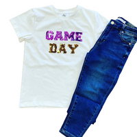 Adult White S/S GAMEDAY Tee w/ Purple & Gold Reversible Sequin