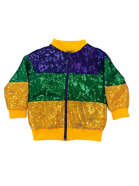 Tri-Color Zipper Front Mardi Gras Sequin Jacket