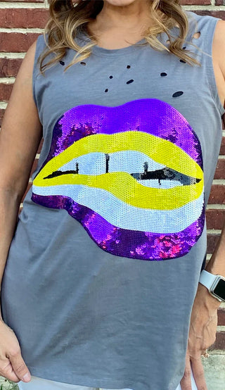Adult Distressed Purple/Gold Lips Sequin Tank