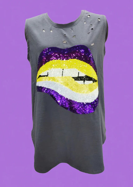 Adult Distressed Purple/Gold Lips Sequin Tank