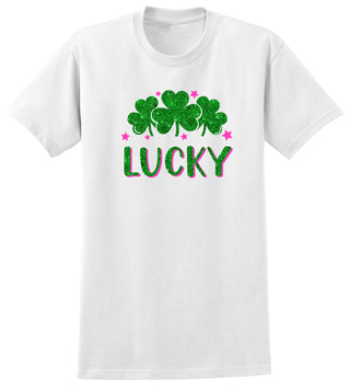 White LUCKY Shamrocks with Green Glitter S/S Tee