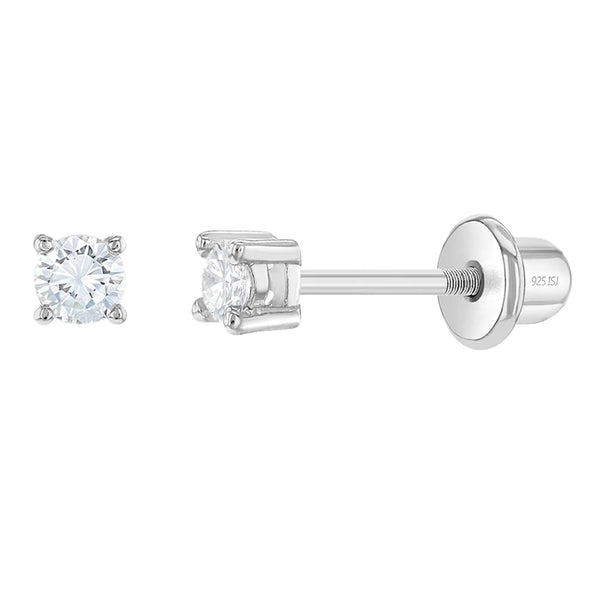 SS My First Solitaire 2mm Clear CZ Screw Back Earrings