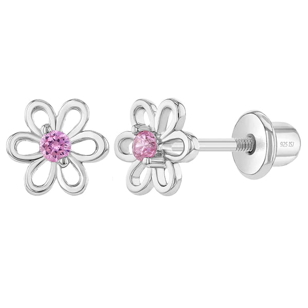 SS Spring Pink CZ Flower Screw Back Earrings