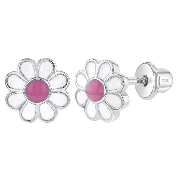 SS Delightful Daisy Pink Flower Enamel Screw Back Earrings