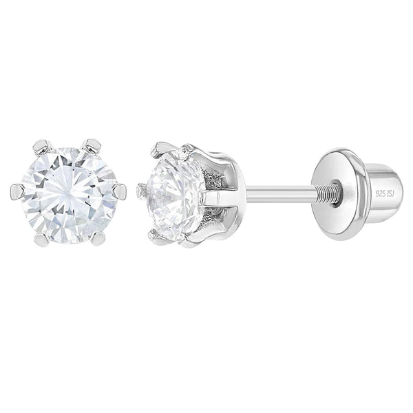 SS Classic Round 4mm Clear CZ Solitaire Screw Back Earrings