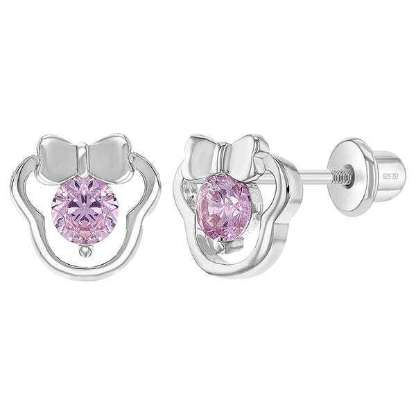 SS Miss Mouse Screw Back Earrings with Pink CZ