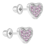 SS Heart Full of Gems Pink CZ Screw Back Earrings