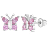 SS Dainty Pink CZ Butterflies Enamel Screw Back Earrings