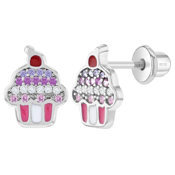 SS Colorful CZ Frosted Cupcake Enamel Screw Back Earrings