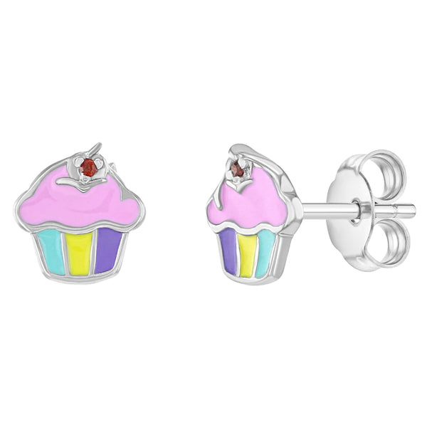 SS Pink Frosted Cupcake Enamel Push Back Earrings
