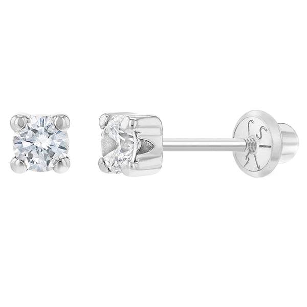14K White Gold 3mm 4-Prong CZ Solitaire Screw Back Earrings