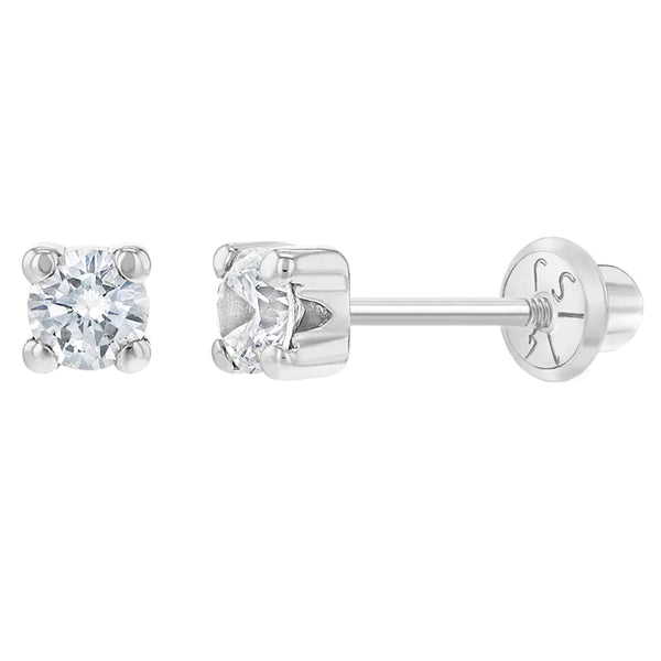 14K White Gold 2mm 4-Prong CZ Solitaire Screw Back Earrings