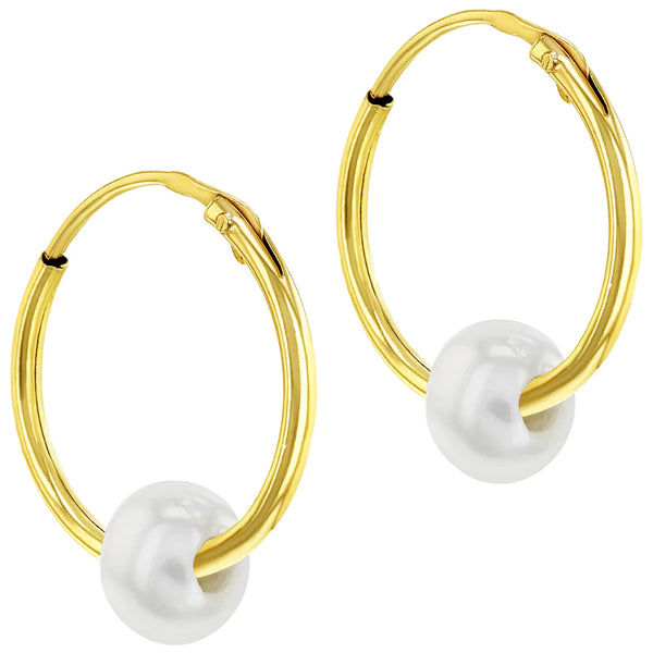 14K Gold 8mm Endless Hoop with Pearl Earrings