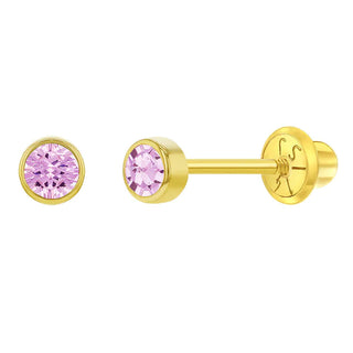 14K Gold Tiny Bezel CZ Birthstone Solitaire 3mm Screw Back Earrings