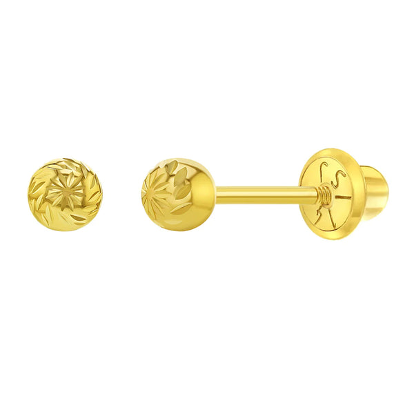 14K Gold 3mm Diamond Cut Ball Stud Screw Back Earrings