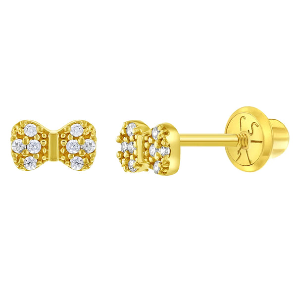14K Gold with CZs Tiny Bow Screw Back Earrings