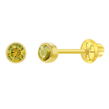 14K Gold Tiny Bezel CZ Birthstone Solitaire 3mm Screw Back Earrings