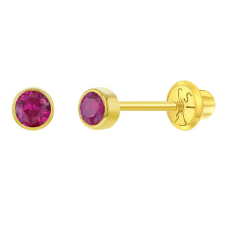 14K Gold Tiny Bezel CZ Birthstone Solitaire 3mm Screw Back Earrings