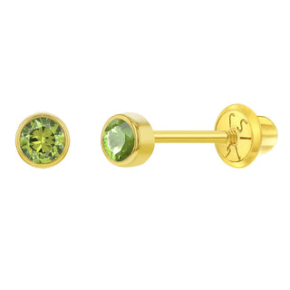 14K Gold Tiny Bezel CZ Birthstone Solitaire 3mm Screw Back Earrings