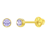 14K Gold Tiny Bezel CZ Birthstone Solitaire 3mm Screw Back Earrings