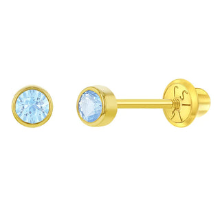 14K Gold Tiny Bezel CZ Birthstone Solitaire 3mm Screw Back Earrings