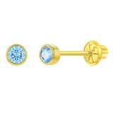 14K Gold Tiny Bezel CZ Birthstone Solitaire 3mm Screw Back Earrings