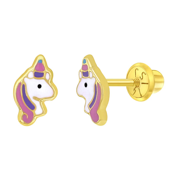 14K Gold Pastel Unicorn Enamel Screw Back Earrings