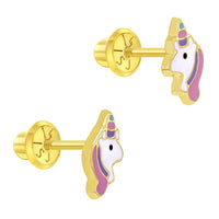 14K Gold Pastel Unicorn Enamel Screw Back Earrings