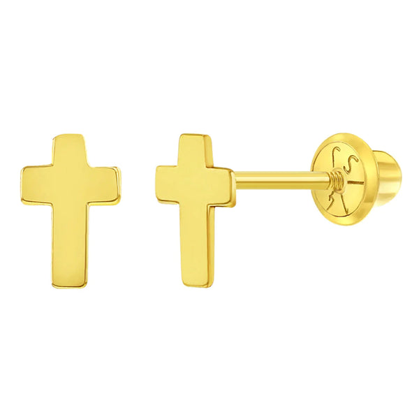 14K Gold Tiny Cross Screw Back Earrings